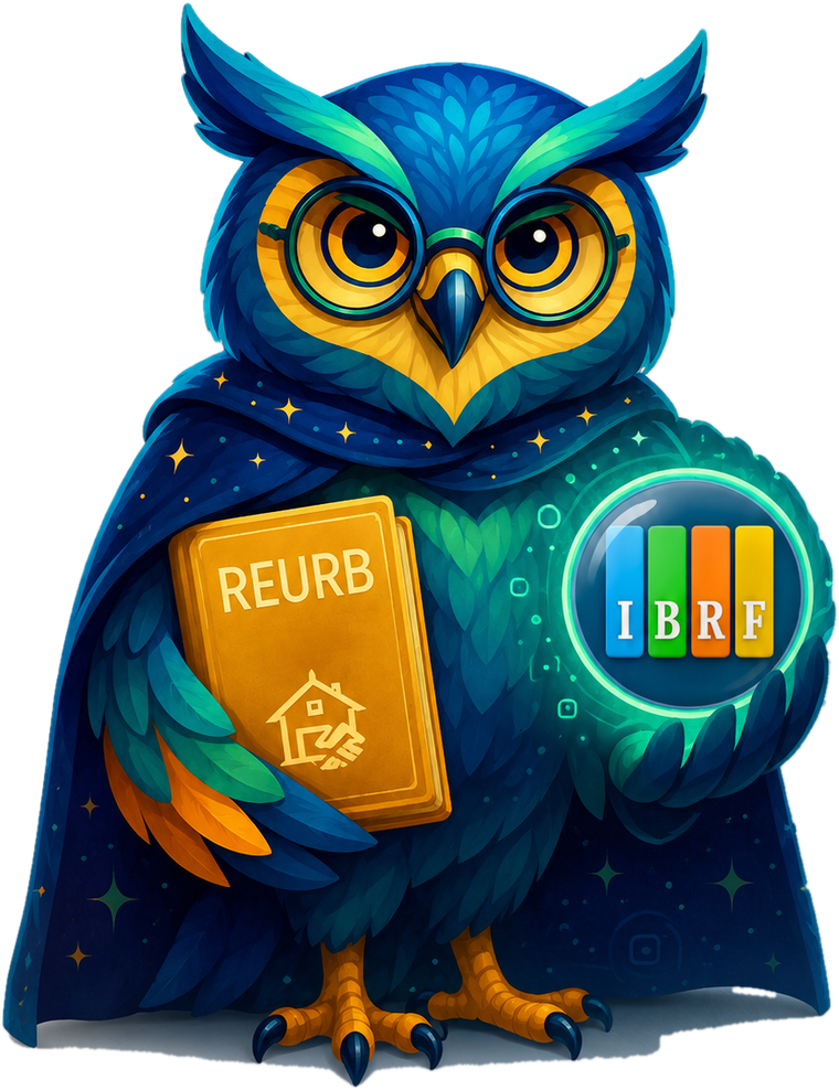 Mascote do Oráculo da REURB: coruja de óculos segurando um livro de REURB e o emblema do IBRF